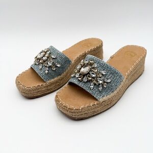 White Mountain Stitch Jewel Embellished Wedge Slide Sandals Denim Blue 9 NEW